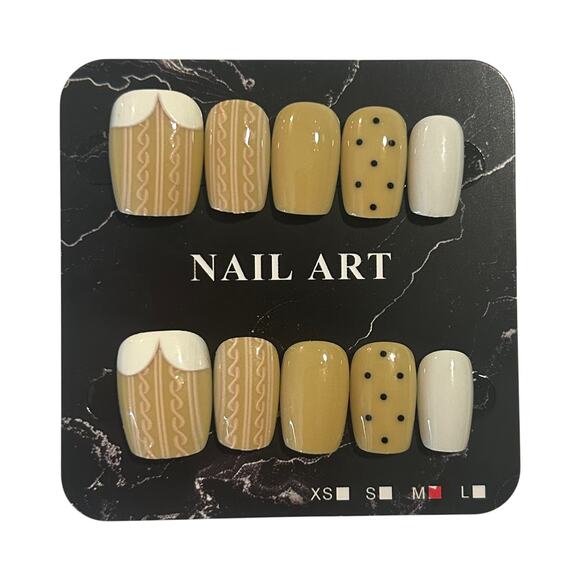 Tan and White Short Square Press On Nails - Size Medium - Picture 2 of 2